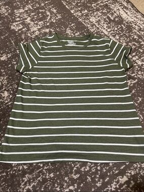 Time and Tru Olive & White Striped Crew Tee